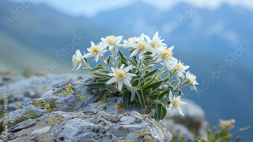 Edelweiss blossoming on a mountain rock. Leontopodium alpinum photo