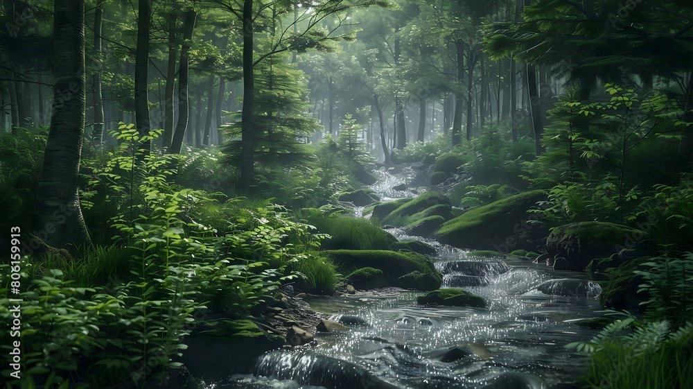 Obraz premium A bubbling brook winding through a dense forest. . 