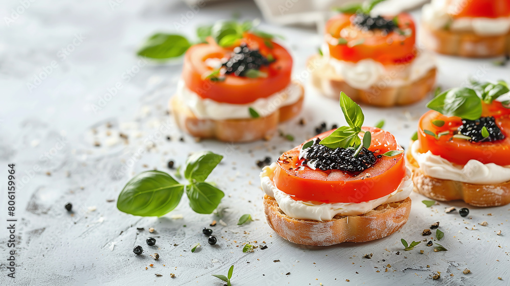 provided for tomato, cream cheese, and caviar canapes with garnish on a light background provided for tomato, cream cheese, and caviar canapes with garnish on a light background