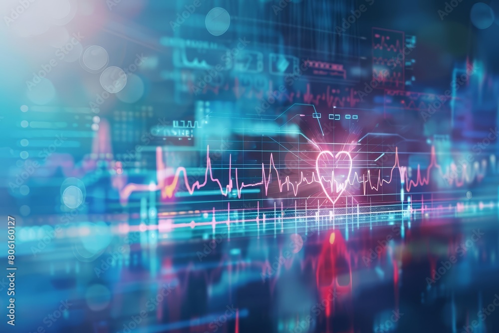 Heartbeat rhythm hologram displayed over a clinical setting, showcasing the latest in cardiology health care diagnostics, Sharpen banner template with copy space on center Heartbeat rhythm hologram displayed over a clinical setting, showcasing the latest in cardiology health care diagnostics, Sharpen banner template with copy space on center