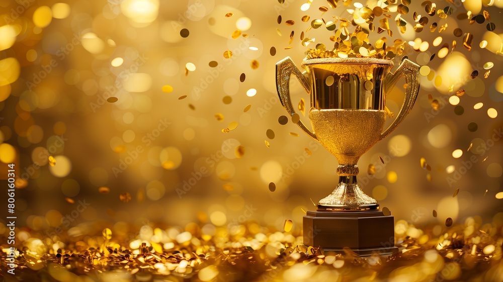 A gleaming golden trophy sits amidst a shower of sparkling confetti, symbolizing achievement A gleaming golden trophy sits amidst a shower of sparkling confetti, symbolizing achievement