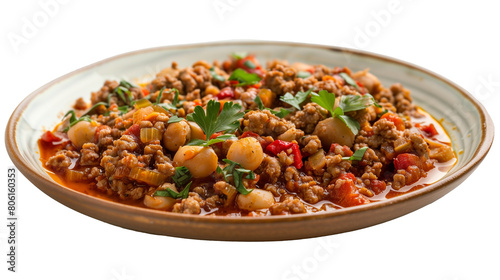 Keema stew on plate isolated on a white background