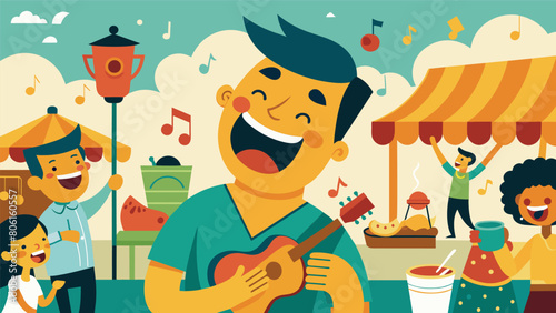 Laughter and music fill the atmosphere creating a lively and cheerful ambiance at the flea market.. Vector illustration