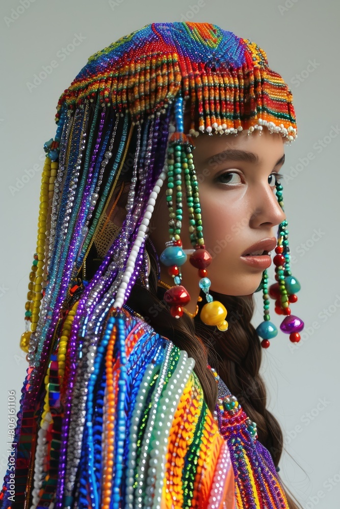 model with long hair wearing bright multi