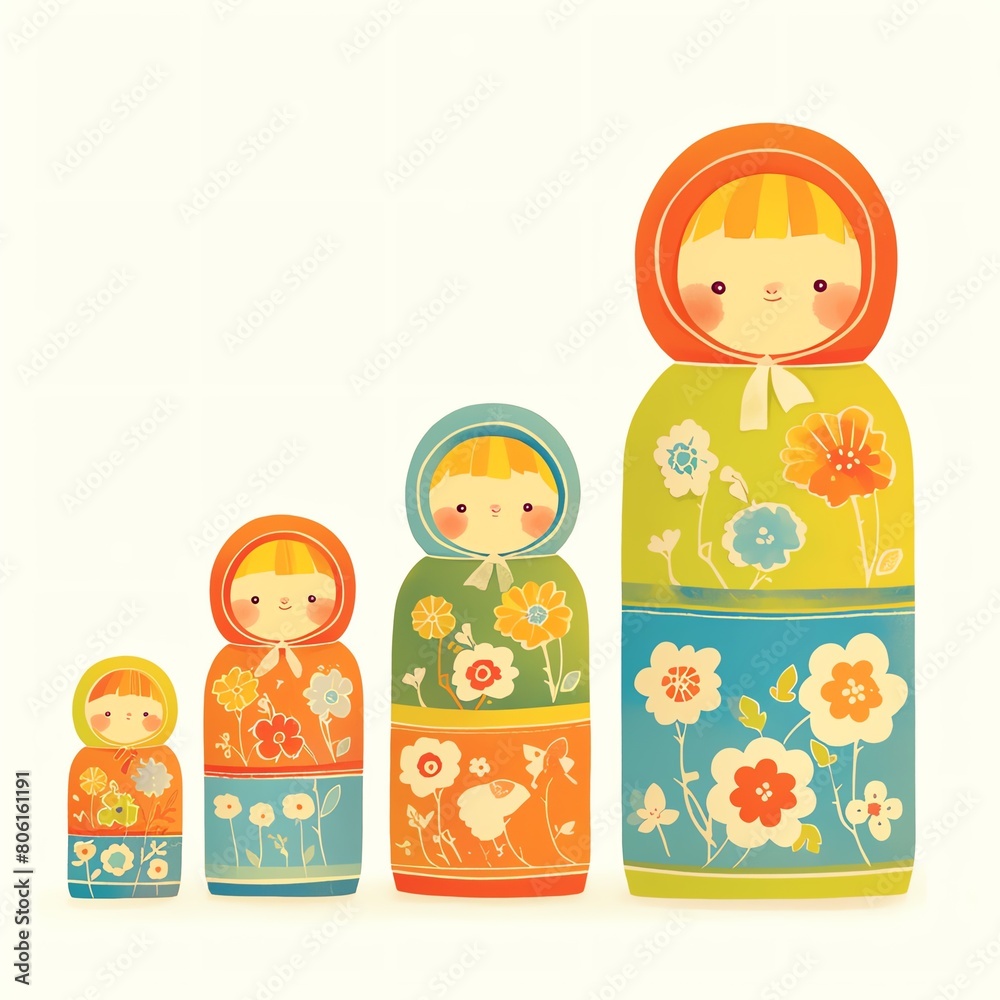 A collection of nesting dolls with different designs, isolated against a white background, arranged in a row from largest to smallest A collection of nesting dolls with different designs, isolated against a white background, arranged in a row from largest to smallest