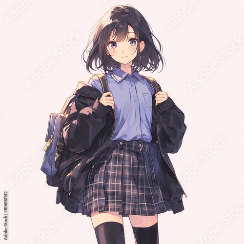 An anime girl with a preppy fashion sense, sporting a collared blouse, plaid skirt, kneehigh socks, and loafers, with a backpack slung over her shoulder photo