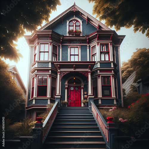 a picture of a red entrance, crimson shutters, and dark blue siding on a Victorian-style home. It is best to snap the picture from a low vantage point, looking up at the house's front steps. photo