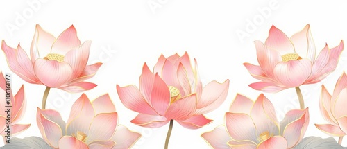 Pink and gold line lotus flowers bloom vibrantly against a stark white background  radiating elegance suitable for sophisticated invitation cards  illustration art template