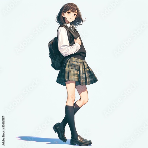 An anime girl with a preppy fashion sense, sporting a collared blouse, plaid skirt, kneehigh socks, and loafers, with a backpack slung over her shoulder