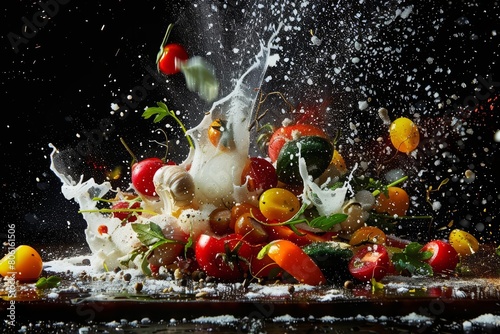 Sample the fresh, locally sourced ingredients of a farmtotable meal, artfully exploding against a black background, showcased in a sharp, closeup food shot photo