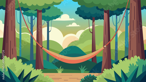 A tranquil forest where a hammock is suspended between two tall trees offering the perfect spot for someone to unplug unwind and reconnect with.