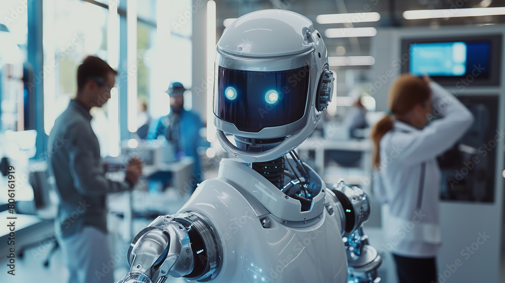 portrait A team of engineers working on a robot prototype in a modern robotics laboratory portrait A team of engineers working on a robot prototype in a modern robotics laboratory