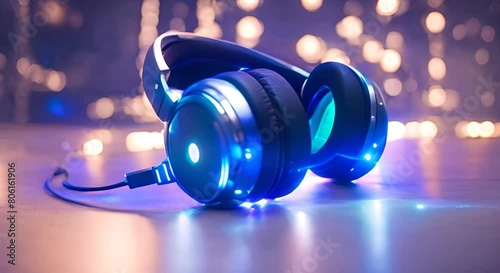 Headphones cyber and face or robotic with futuristic for streaming music or podcast with technology Headset electronics or sound wave with glow for audio therapy digital or neon at night photo