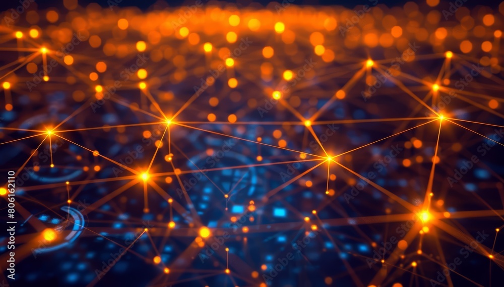 Fototapeta premium The evolution of IT infrastructure is discussed against a backdrop of glowing network nodes and connections, Sharpen banner template with copy space on center