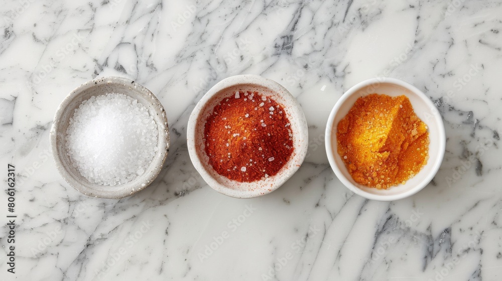 A trio of salt, sugar, and chili powder arranged on a marble countertop, offering essential seasonings for cooking and garnishing dishes. A trio of salt, sugar, and chili powder arranged on a marble countertop, offering essential seasonings for cooking and garnishing dishes.