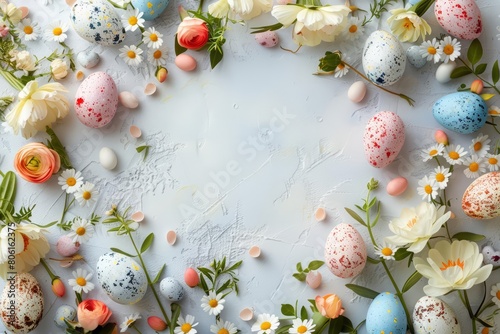 This festive floral frame brings the joyous spirit of Easter  decorated with eggs and flowers that brighten any celebration  Blank frame template Sharpen with large copy space
