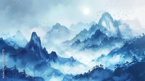 Watercolor Chinese or Japanese Blue Mountains depict an ethereal landscape of foggy peaks at dawn, offering a serene and artistic backdrop, illustration art template