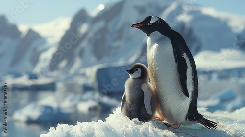 Baby penguin and his mother walking in the Antarctic ocean on a blur background.
