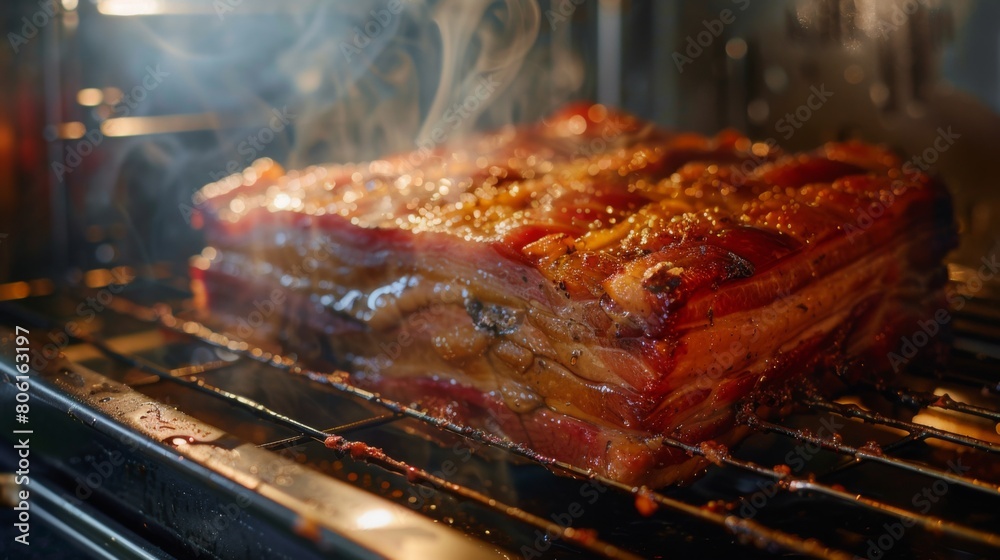 A triple-layer pork belly being slow-roasted in the oven, with savory aromas filling the kitchen as it cooks to perfection. A triple-layer pork belly being slow-roasted in the oven, with savory aromas filling the kitchen as it cooks to perfection.