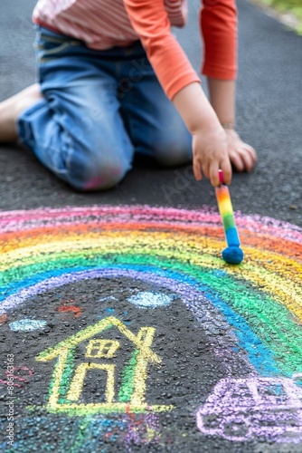 The child draws a house and a rainbow on the asphalt with chalk. Selective focus. Generative AI,