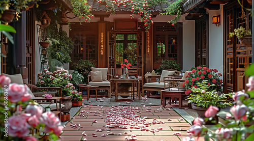 A large area of roses are planted in the courtyard  with Chinese style sofas  chairs  and tables in front of the door. The surroundings are filled with green plants. Generative AI.