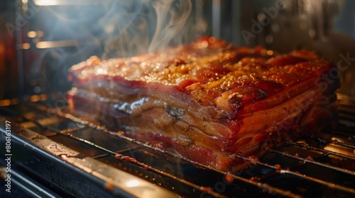 A triple-layer pork belly being slow-roasted in the oven, with savory aromas filling the kitchen as it cooks to perfection.