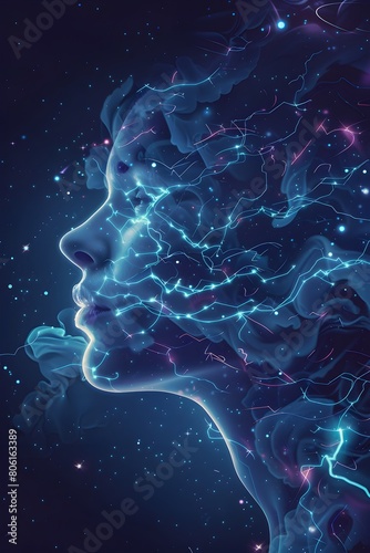 A digital art piece showcasing the profile of an AI head, with glowing data streams and neural networks flowing from its brain into space