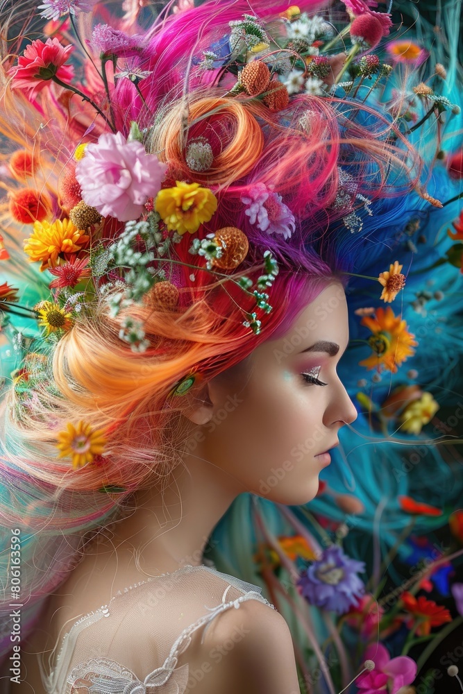 concept woman with flowers in her hair selective focus concept woman with flowers in her hair selective focus