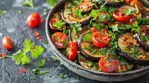 Vegetarian Eggplant Salad with Baked Aubergine, Cherry Tomatoes and Cilantro