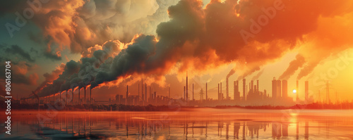 global warming, Dramatic sunset sky over a heavily industrialized landscape, depicting pollution with smokestacks against a fiery backdrop.