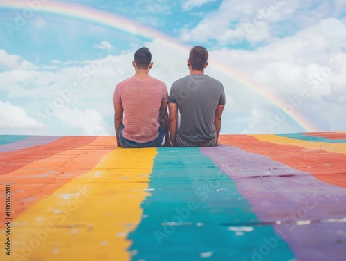 Two friends sit on a colorful painted ground, looking at a bright rainbow in the sky