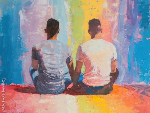 Contemporary artwork of two friends enjoying sunset