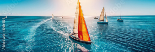 aerial view of A sailboat with colorful sails sailing on the blue sea, surrounded by other boats. sailing ship yachts on blue ocean , copy space photo