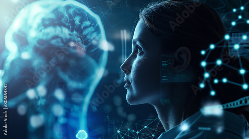 Young woman x-rays the head and brain of a person in medicine, science and education. MRI brain background. magnetic resonance imaging X-ray shooting