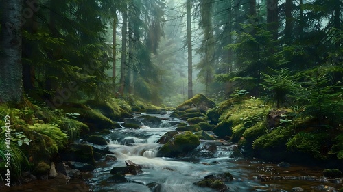  A bubbling brook winding through a dense forest. . 