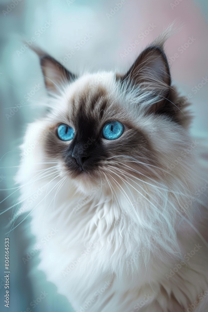 Close-up portrait of a Himalayan cat with vivid blue eyes and luxurious white and brown fur Close-up portrait of a Himalayan cat with vivid blue eyes and luxurious white and brown fur
