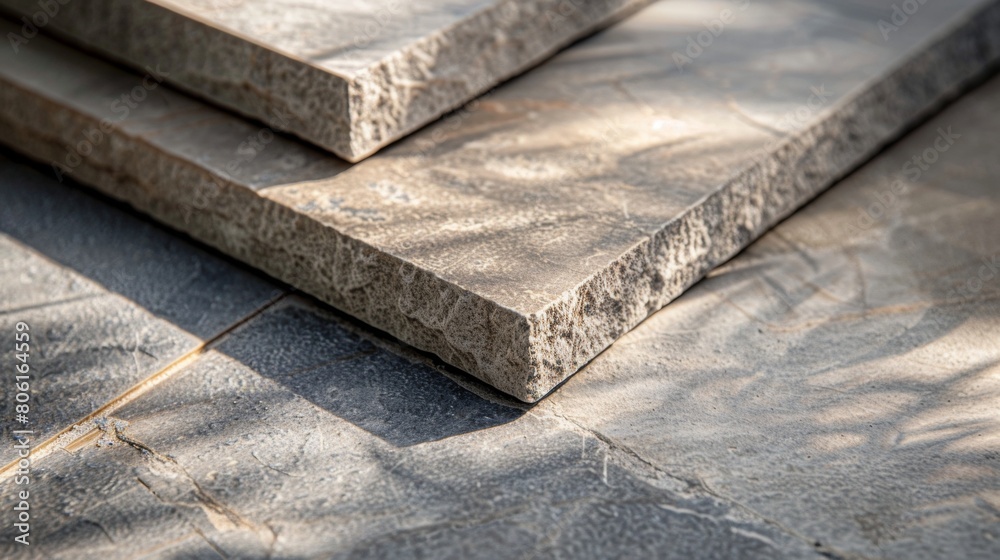 Photo of square shaped natural stone tiles with an F joint, in a grey and beige color palette, with natural light, product photography, close up shot, high resolution. Photo of square shaped natural stone tiles with an F joint, in a grey and beige color palette, with natural light, product photography, close up shot, high resolution.