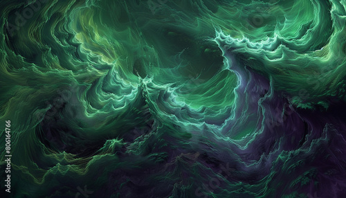 A mystical scene of emerald green and dark violet waves intertwining, forming an enchanting visual that suggests the depth and mystery of an enchanted forest.