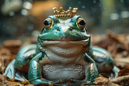 Close up of crowned frog with lake background