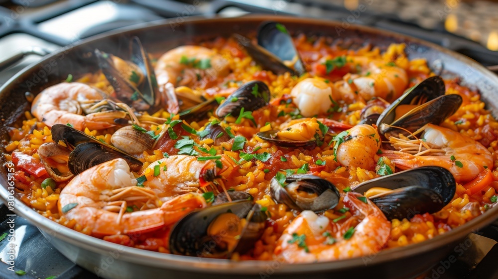 A vibrant seafood paella cooked in a traditional Spanish pan, brimming with shrimp, mussels, clams, and aromatic saffron-infused rice. A vibrant seafood paella cooked in a traditional Spanish pan, brimming with shrimp, mussels, clams, and aromatic saffron-infused rice.