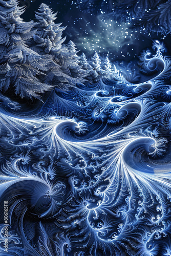 A mystical scene of midnight blue and frosty silver waves, swirling together in an enchanting pattern that mimics the mysterious beauty of the northern lights.