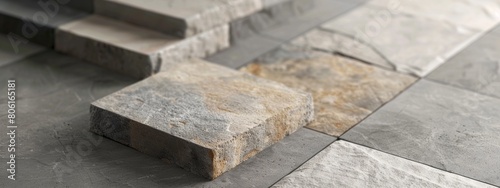 Photo of square shaped natural stone tiles with an F joint, in a grey and beige color palette, with natural light, product photography, close up shot, high resolution.