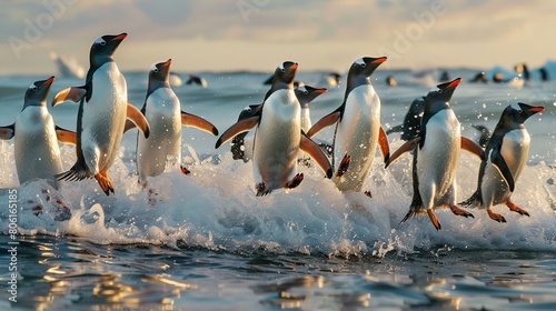 A group of penguins hesitating before jumping into the sea. Penguins are jumping on Antarctica ice.