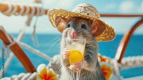 mouse with a cocktail on the background of the beach