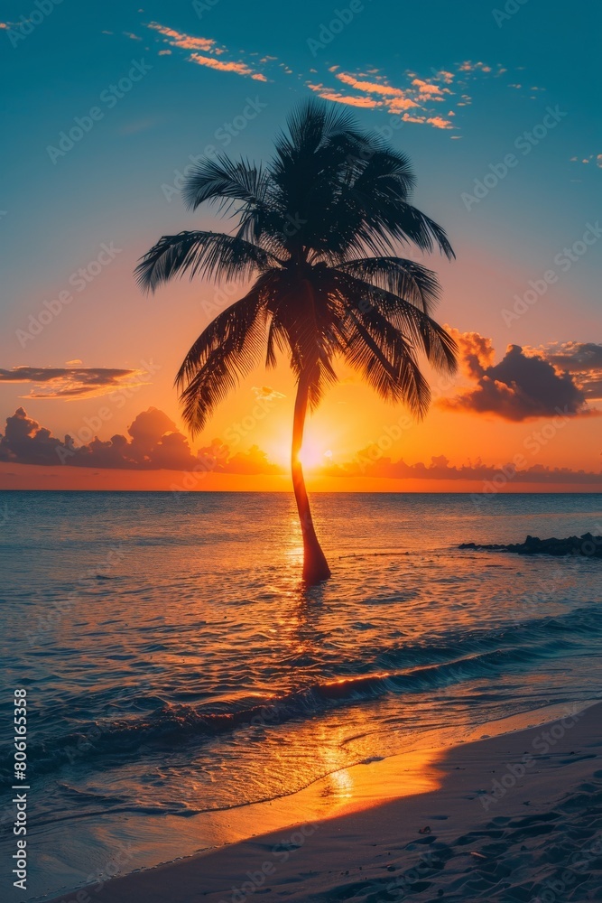 Palm Tree on Beach at Sunset