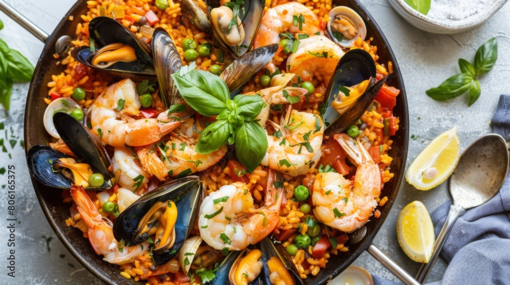 A vibrant seafood paella cooked in a traditional Spanish pan, brimming with shrimp, mussels, clams, and aromatic saffron-infused rice. A vibrant seafood paella cooked in a traditional Spanish pan, brimming with shrimp, mussels, clams, and aromatic saffron-infused rice.