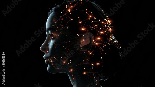 woman head connected to global web with wireless interface, female consciousness integrated in cyberspace, human and digital transformation concept