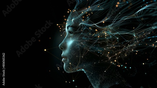 woman head connected to global web with wireless interface, female consciousness integrated in cyberspace, human and digital transformation concept #806165362