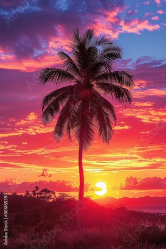 Palm Tree Silhouetted Against Setting Sun