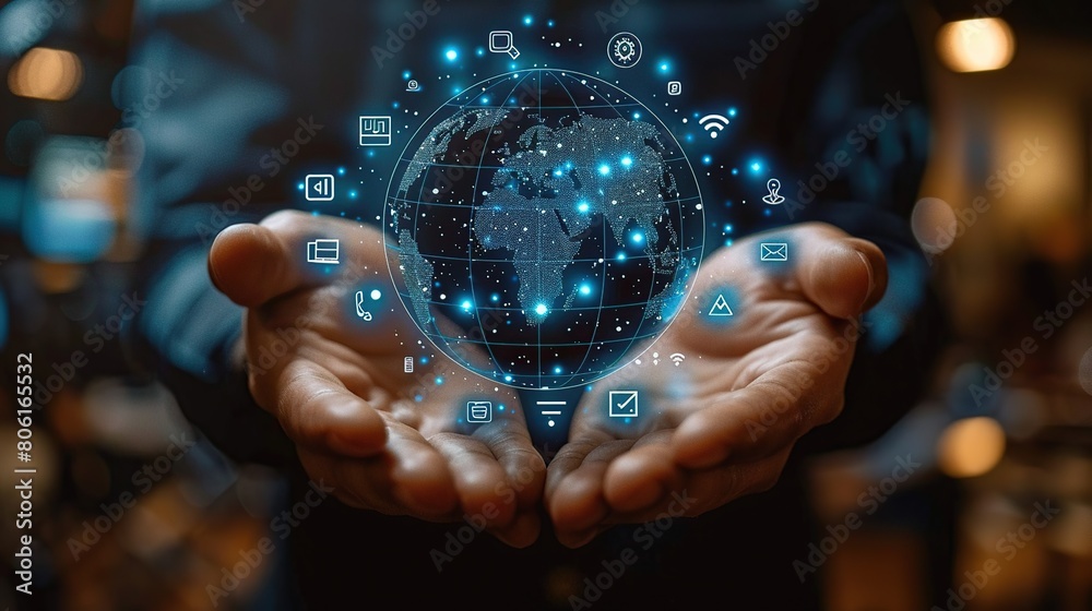 Select focus hand and globe icon a palm of a businessman holds with other technology icons. Select focus hand and globe icon a palm of a businessman holds with other technology icons.